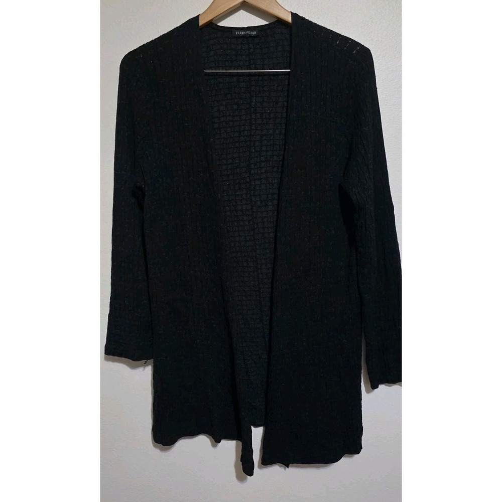 EILEEN FISHER Silk Blend Cardigan Sweater Shawl Black Textured Long Sleeve S/M